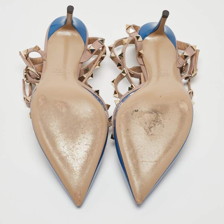 Pre Owned Valentino Blue Patent Leather Rockstud Ankle Strap Pumps Size 38.5