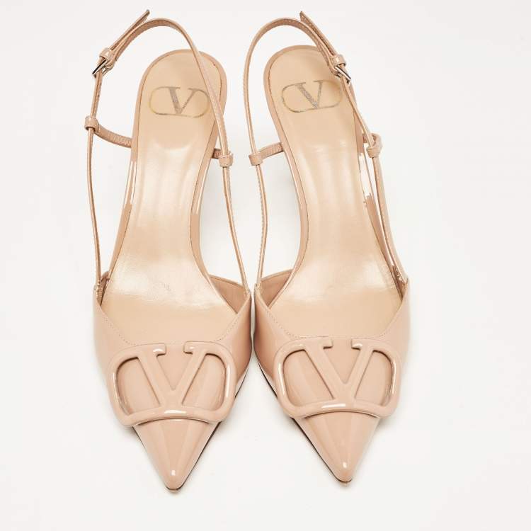 Pre Owned Valentino Beige Patent Escape V logo Slingback Pumps Size 37.5