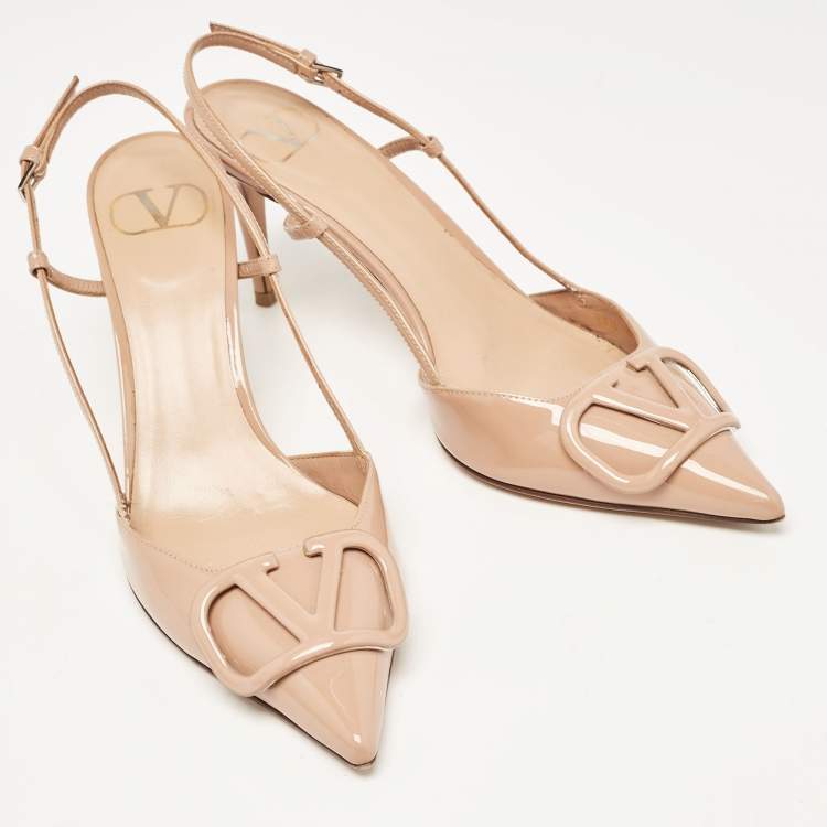 Pre Owned Valentino Beige Patent Escape V logo Slingback Pumps Size 37.5