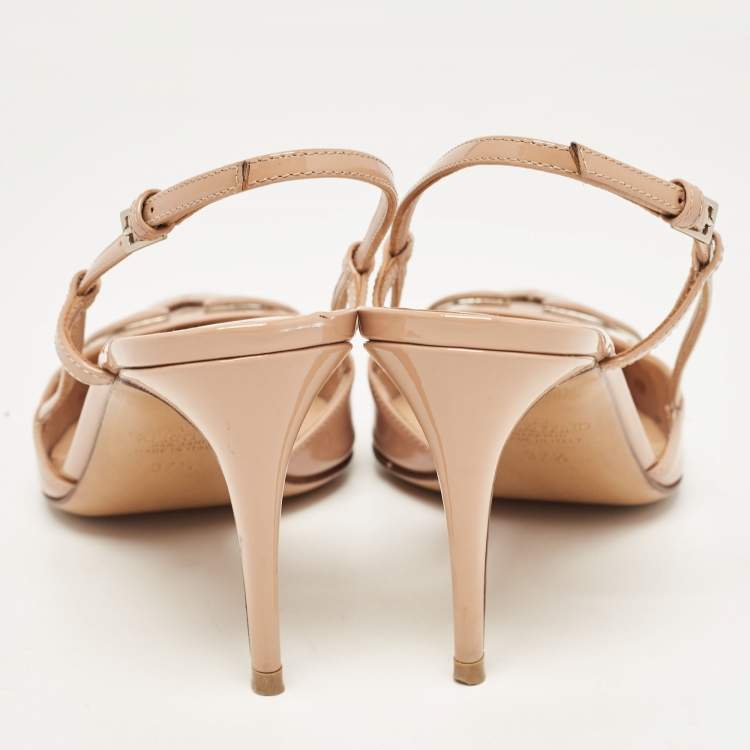 Pre Owned Valentino Beige Patent Escape V logo Slingback Pumps Size 37.5