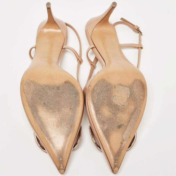 Pre Owned Valentino Beige Patent Escape V logo Slingback Pumps Size 37.5
