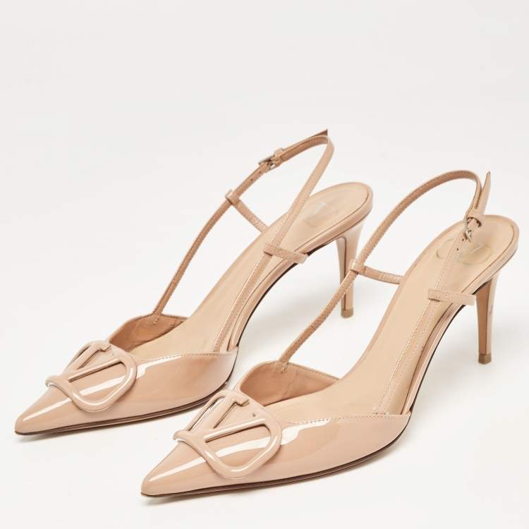Pre Owned Valentino Beige Patent Escape V logo Slingback Pumps Size 37.5