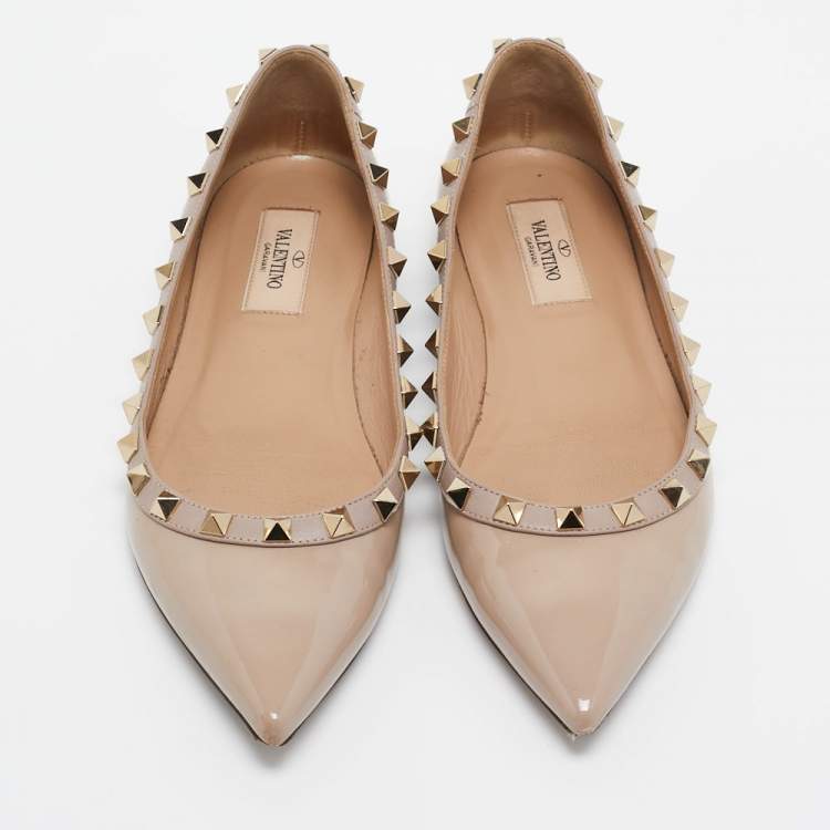 Pre Owned Valentino Beige Patent Leather Rockstud Ballet Flats Size 36.5