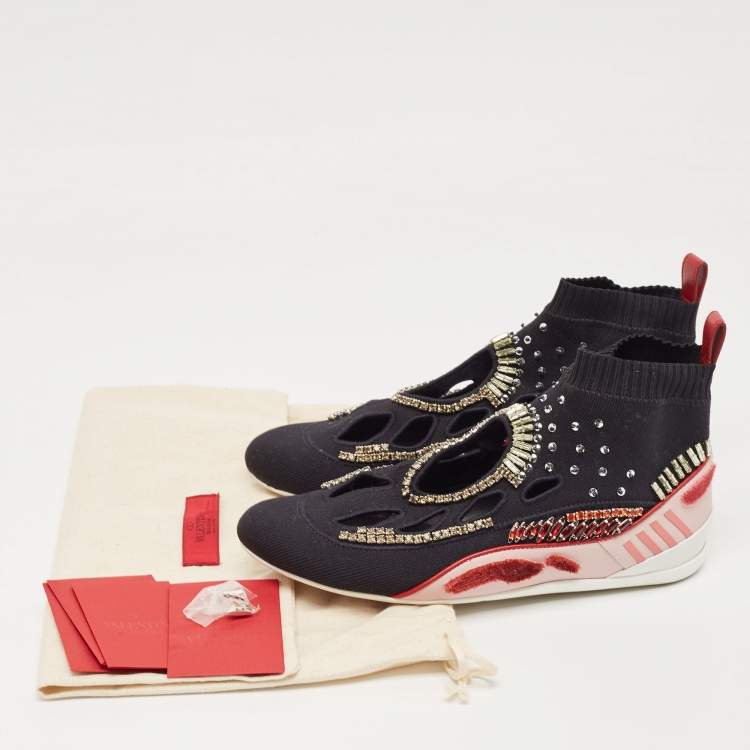 Pre Owned Valentino Black/Pink Knit Fabric High Top Sneakers Size 36