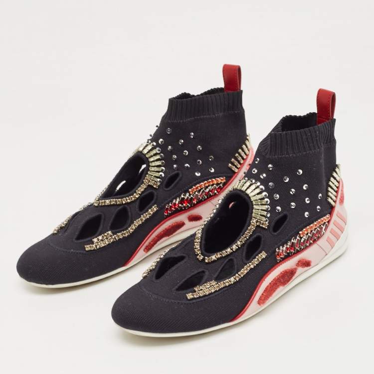 Pre Owned Valentino Black/Pink Knit Fabric High Top Sneakers Size 36