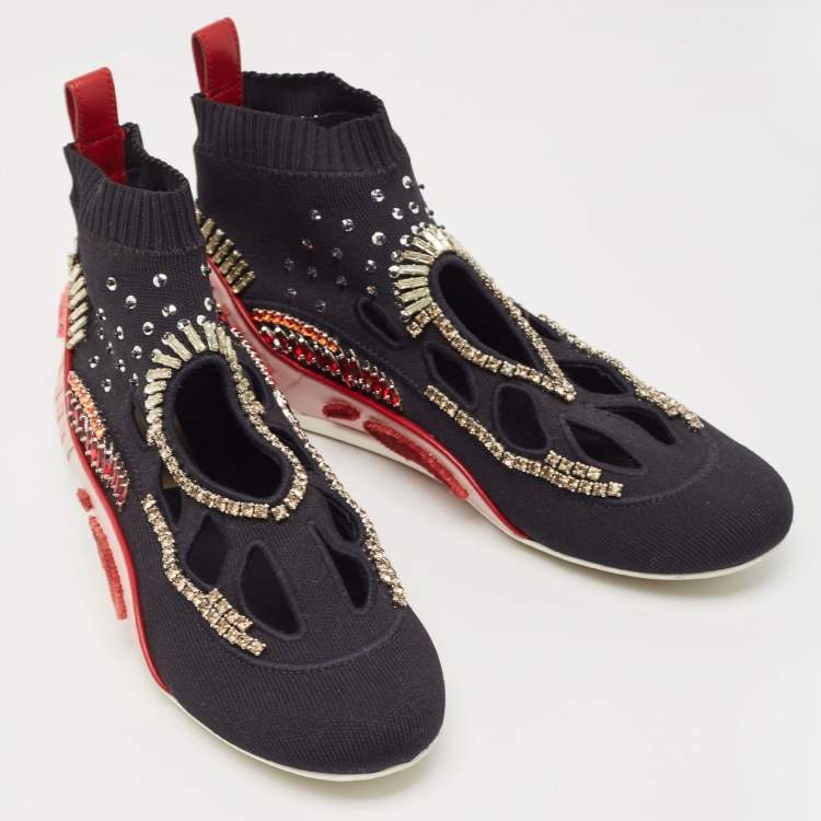 Pre Owned Valentino Black/Pink Knit Fabric High Top Sneakers Size 36