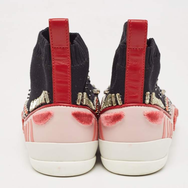 Pre Owned Valentino Black/Pink Knit Fabric High Top Sneakers Size 36
