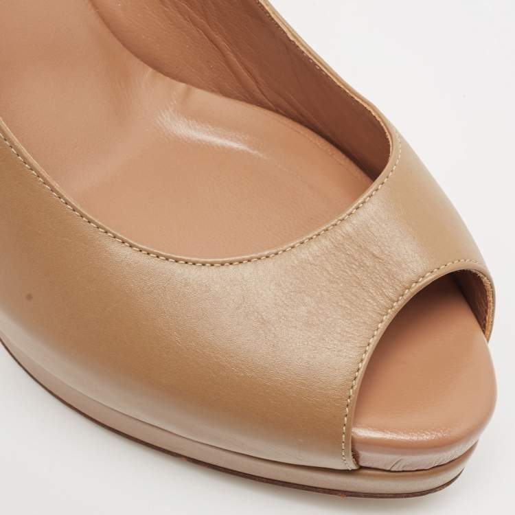 Pre Owned Valentino Brown Leather Peep Toe Platform Slingback Pumps Size 38.5