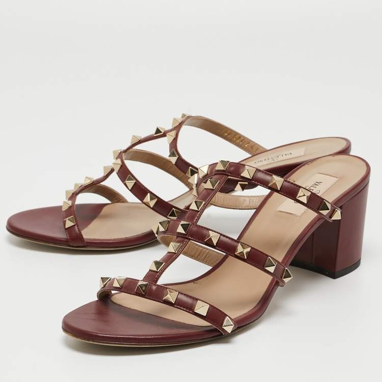 Pre Owned Valentino Burgundy Leather Rockstud Sandals Size 41