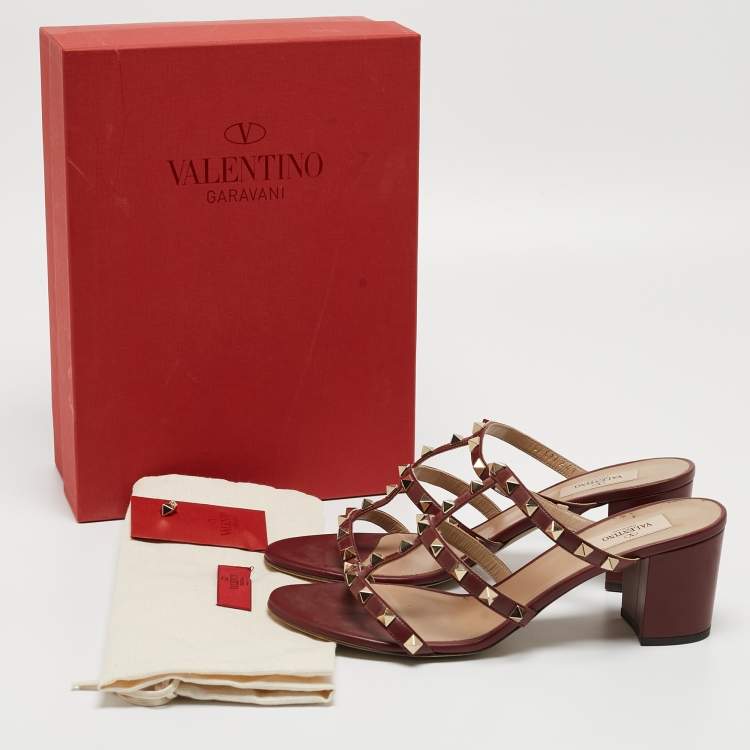 Pre Owned Valentino Burgundy Leather Rockstud Sandals Size 41
