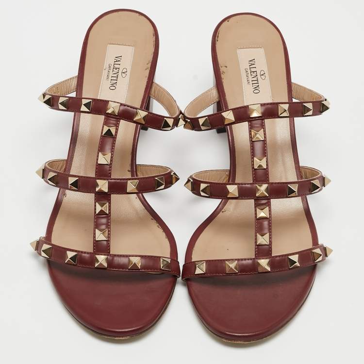 Pre Owned Valentino Burgundy Leather Rockstud Sandals Size 41