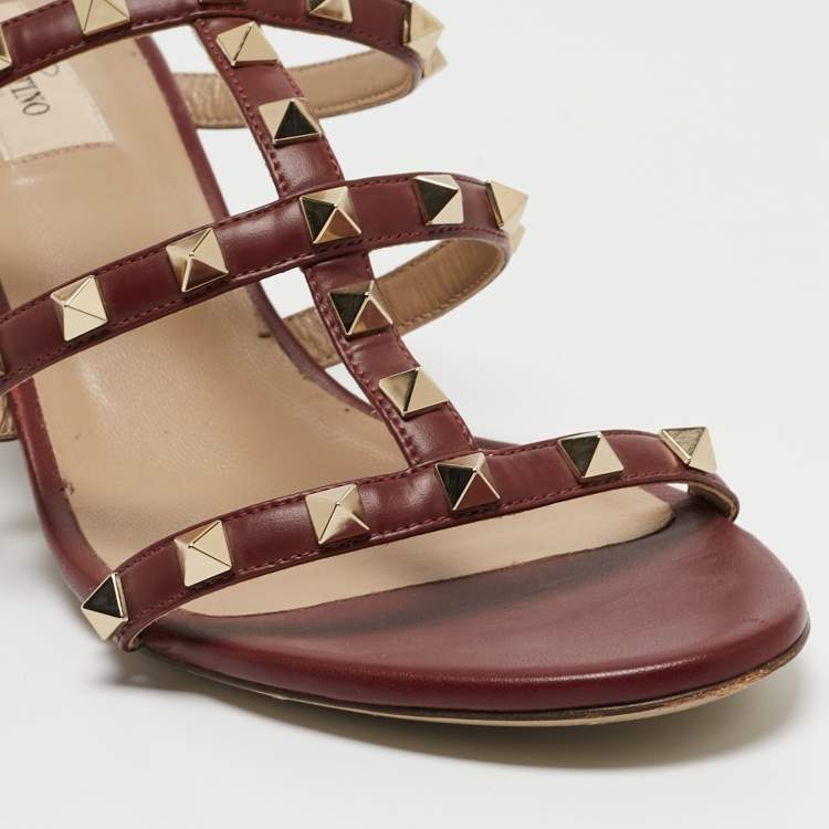 Pre Owned Valentino Burgundy Leather Rockstud Sandals Size 41