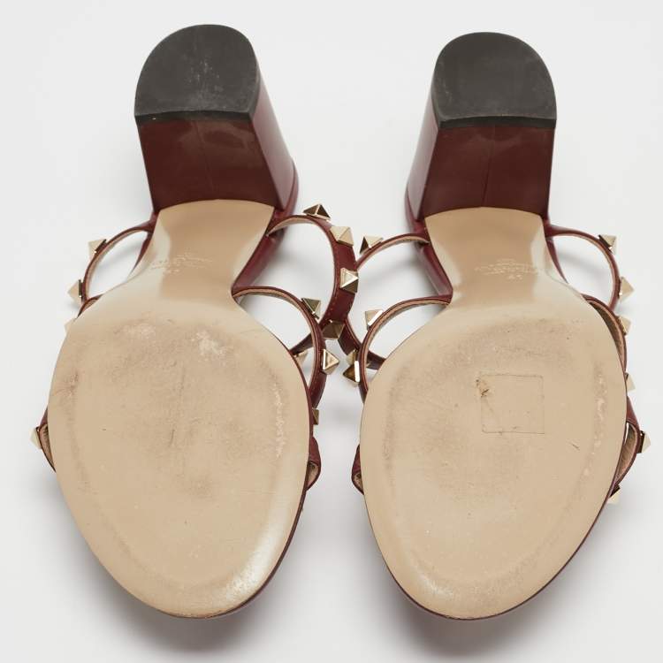 Pre Owned Valentino Burgundy Leather Rockstud Sandals Size 41