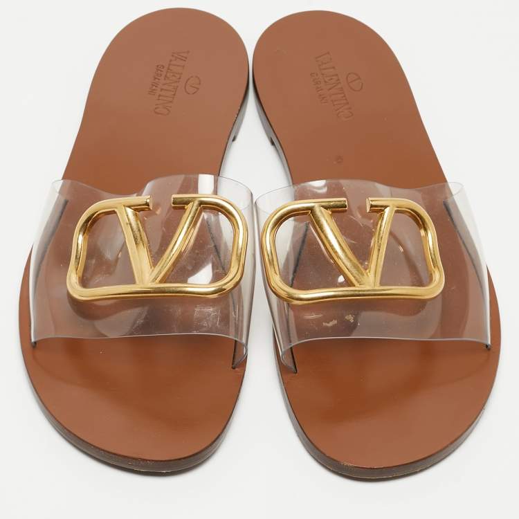 Pre Owned Valentino Transparent PVC VLogo Flat Slides Size 39