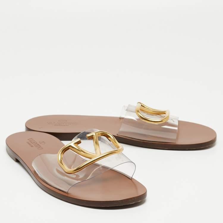 Pre Owned Valentino Transparent PVC VLogo Flat Slides Size 39