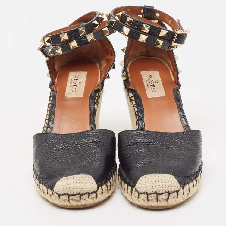 Pre Owned Valentino Black Leather Rockstud Wedge Sandals Size 37