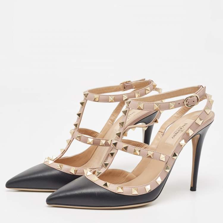 Pre Owned Valentino Black/Dusty Pink Leather Rockstud Ankle Strap Pumps Size 39