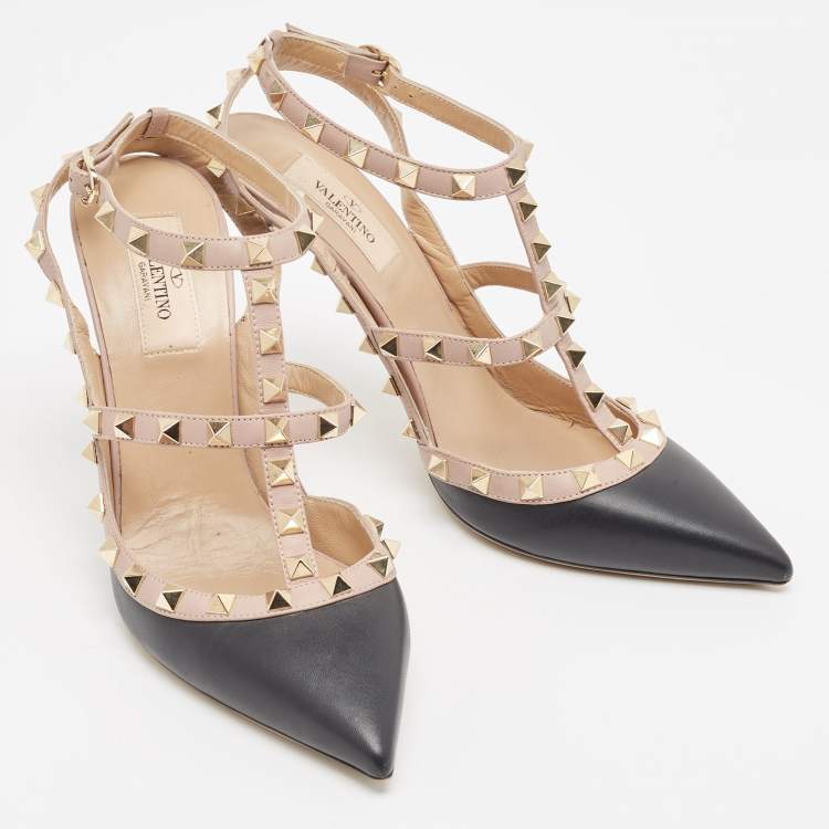 Pre Owned Valentino Black/Dusty Pink Leather Rockstud Ankle Strap Pumps Size 39