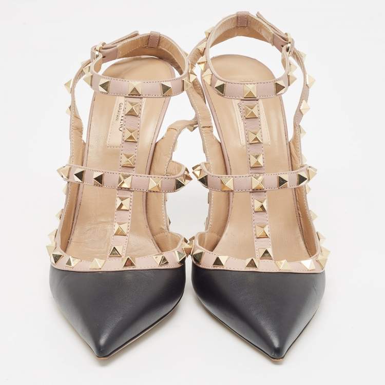 Pre Owned Valentino Black/Dusty Pink Leather Rockstud Ankle Strap Pumps Size 39