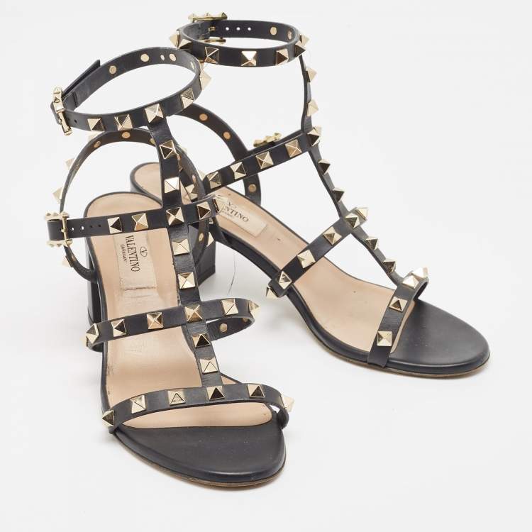 Pre Owned Valentino Black Leather Rockstud Ankle Strap Sandals Size 37