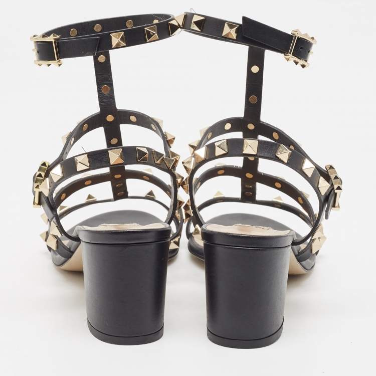Pre Owned Valentino Black Leather Rockstud Ankle Strap Sandals Size 37