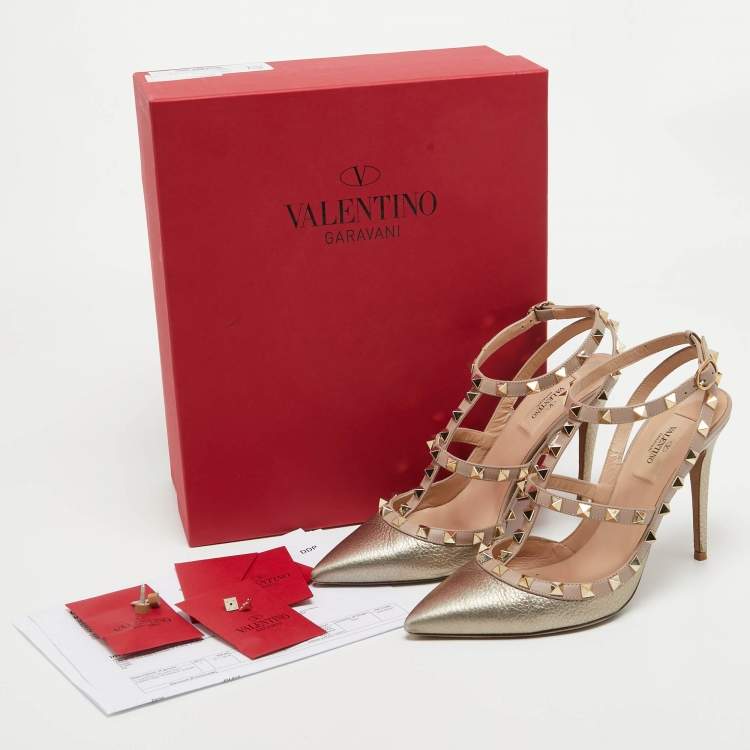 Pre Owned Valentino Metallic Gold Leather Rockstud Ankle Strap Pumps Size 39