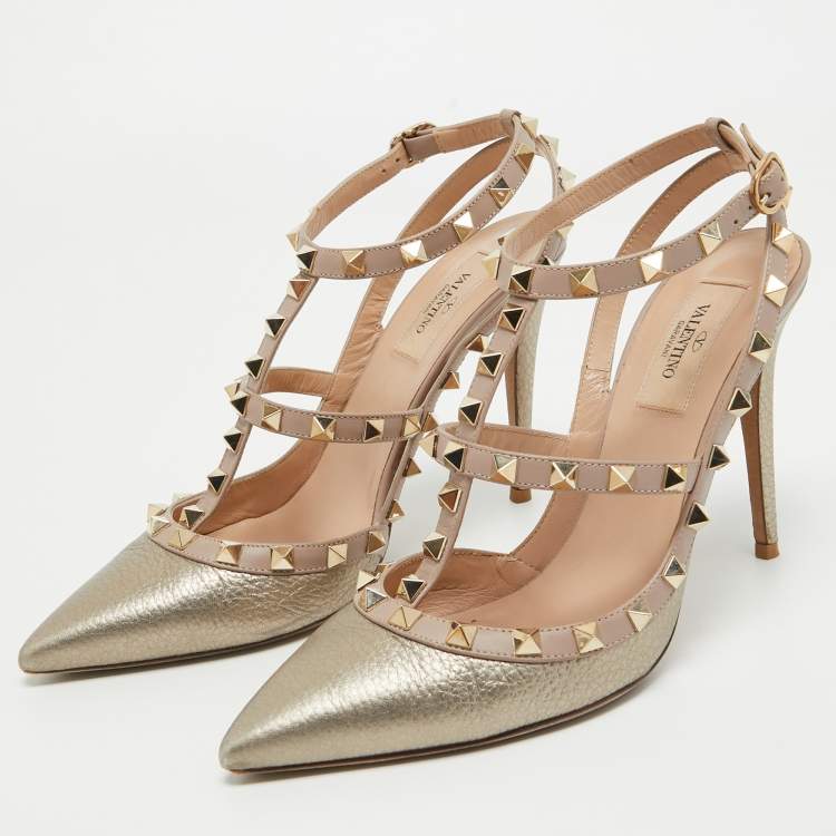 Pre Owned Valentino Metallic Gold Leather Rockstud Ankle Strap Pumps Size 39