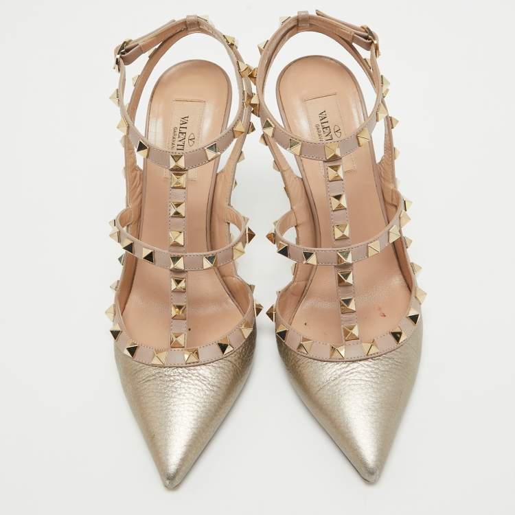 Pre Owned Valentino Metallic Gold Leather Rockstud Ankle Strap Pumps Size 39