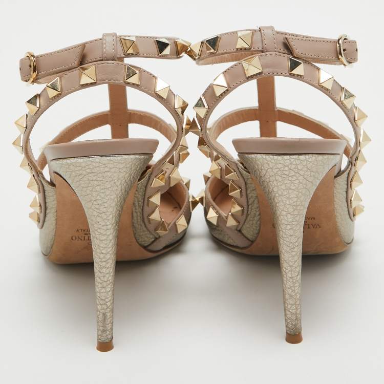 Pre Owned Valentino Metallic Gold Leather Rockstud Ankle Strap Pumps Size 39
