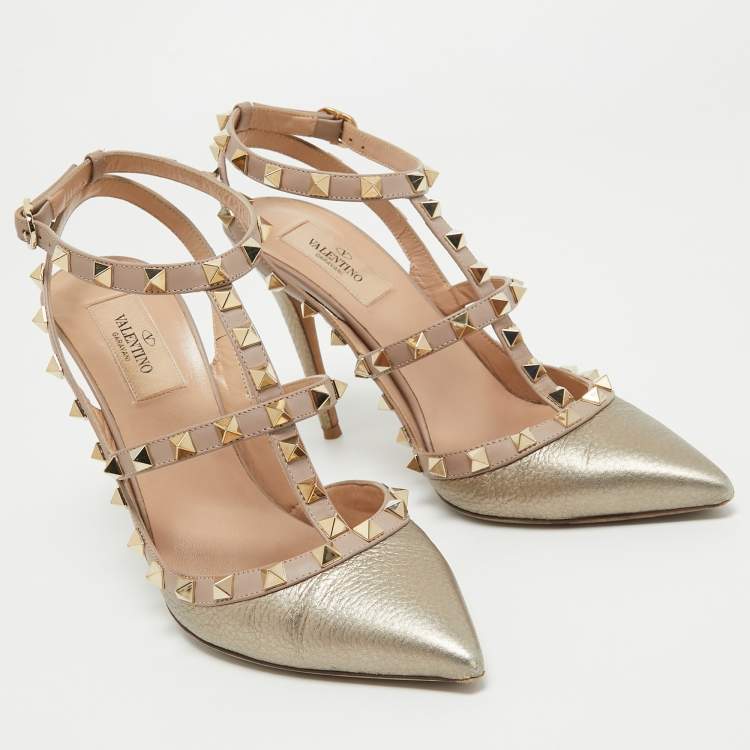 Pre Owned Valentino Metallic Gold Leather Rockstud Ankle Strap Pumps Size 39