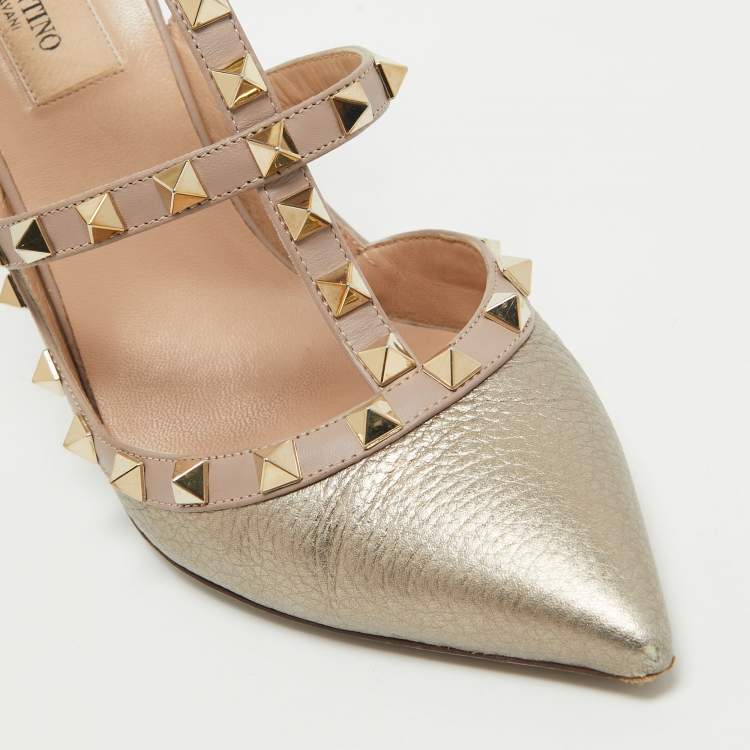 Pre Owned Valentino Metallic Gold Leather Rockstud Ankle Strap Pumps Size 39