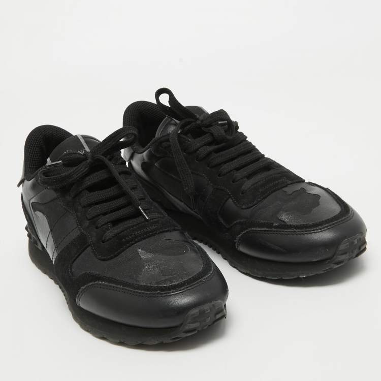 Pre Owned Valentino Black Leather and Suede Rockrunner Law Top Sneakers Size 40