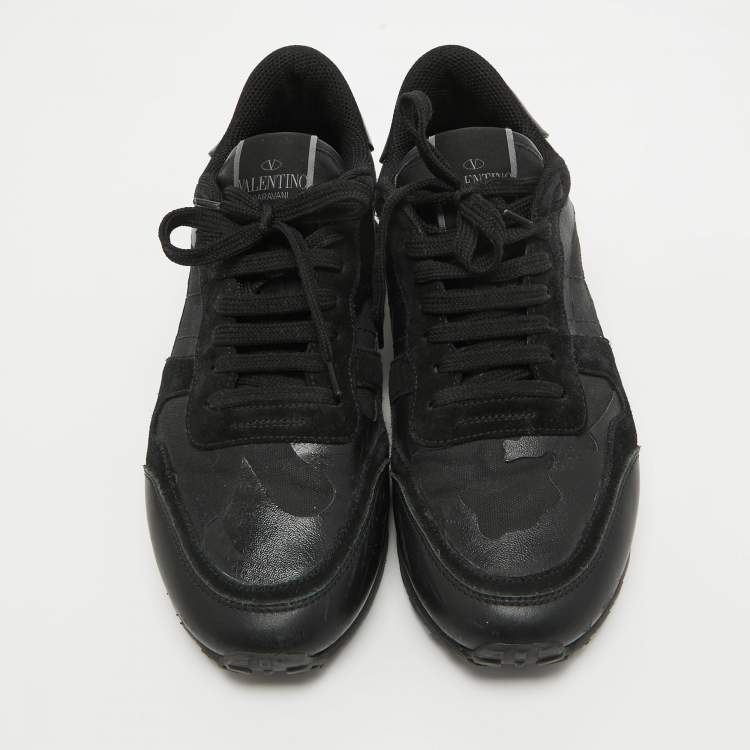 Pre Owned Valentino Black Leather and Suede Rockrunner Law Top Sneakers Size 40