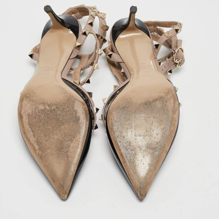 Pre Owned Valentino Black/Beige Patent Rockstud Ankle Strap Pumps Size 40