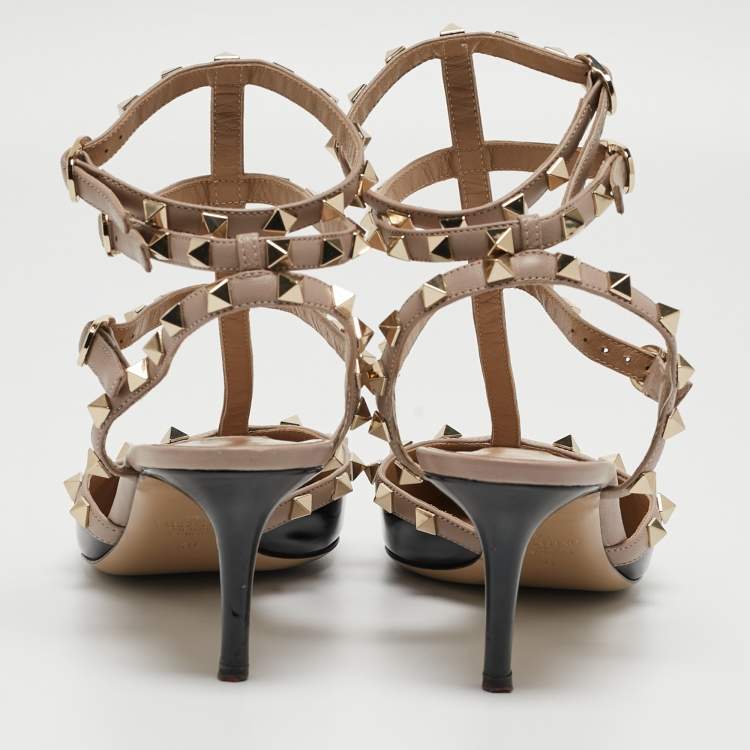 Pre Owned Valentino Black/Beige Patent Rockstud Ankle Strap Pumps Size 40