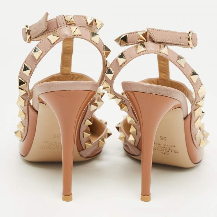 Pre Owned Valentino Brown/Beige Patent Rockstud Pumps Size 36