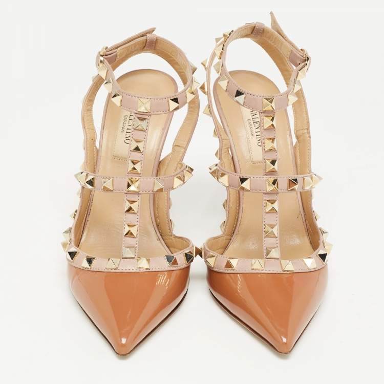 Pre Owned Valentino Brown/Beige Patent Rockstud Pumps Size 36