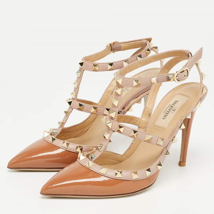 Pre Owned Valentino Brown/Beige Patent Rockstud Pumps Size 36