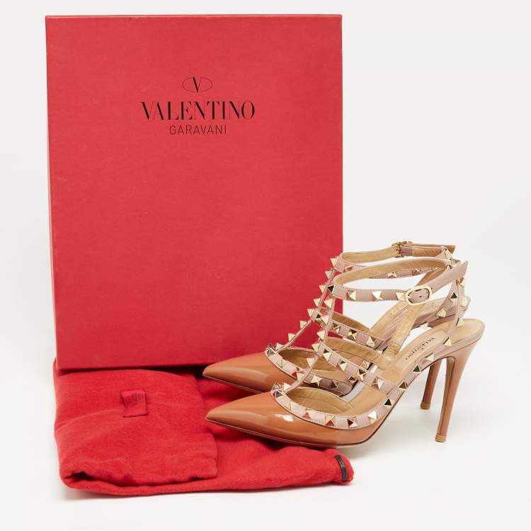 Pre Owned Valentino Brown/Beige Patent Rockstud Pumps Size 36