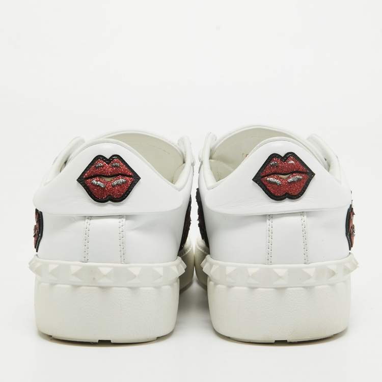 Pre Owned Valentino White/Black Leather and Suede Kiss Me Sneakers Size 39