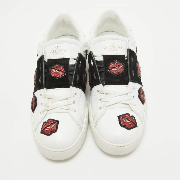 Pre Owned Valentino White/Black Leather and Suede Kiss Me Sneakers Size 39