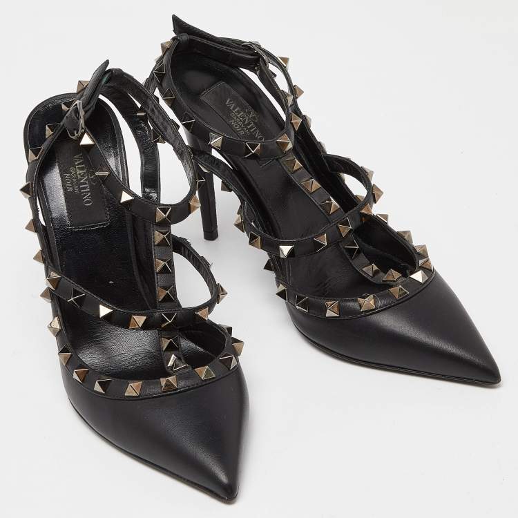 Pre Owned Valentino Black Leather Rockstud Ankle Strap Pumps Size 38.5