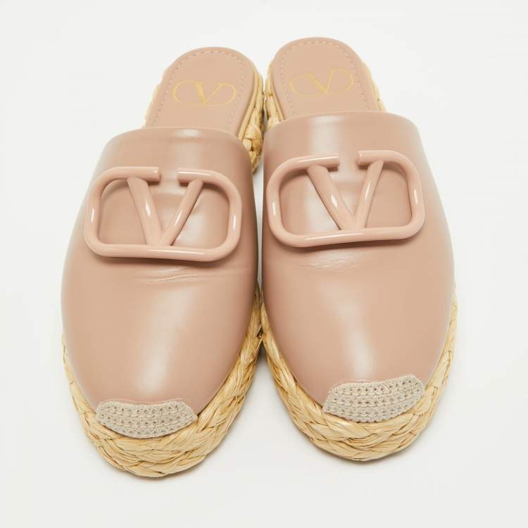 Pre Owned Valentino Dusty Pink Leather Escape V logo Espadrille Platform Mules Size 37