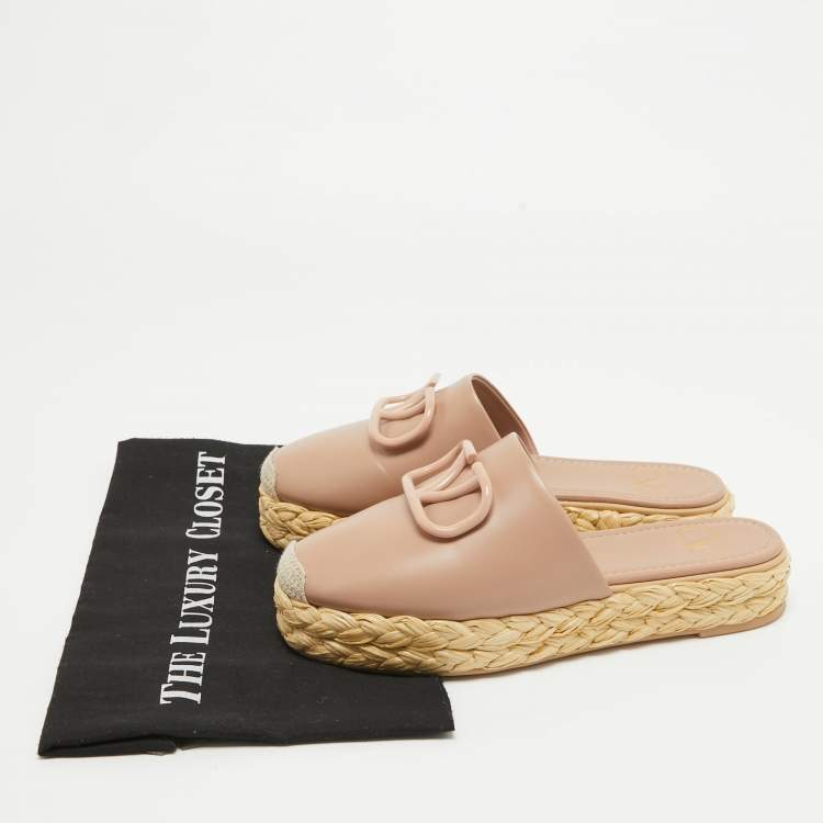 Pre Owned Valentino Dusty Pink Leather Escape V logo Espadrille Platform Mules Size 37