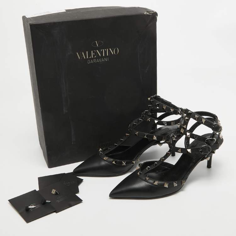 Pre Owned Valentino Black Leather Rockstud Ankle Strap Pumps Size 37.5