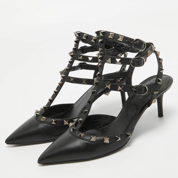 Pre Owned Valentino Black Leather Rockstud Ankle Strap Pumps Size 37.5