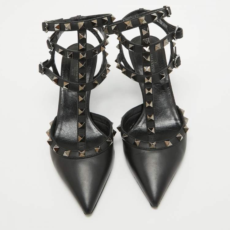 Pre Owned Valentino Black Leather Rockstud Ankle Strap Pumps Size 37.5