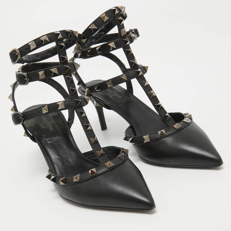 Pre Owned Valentino Black Leather Rockstud Ankle Strap Pumps Size 37.5