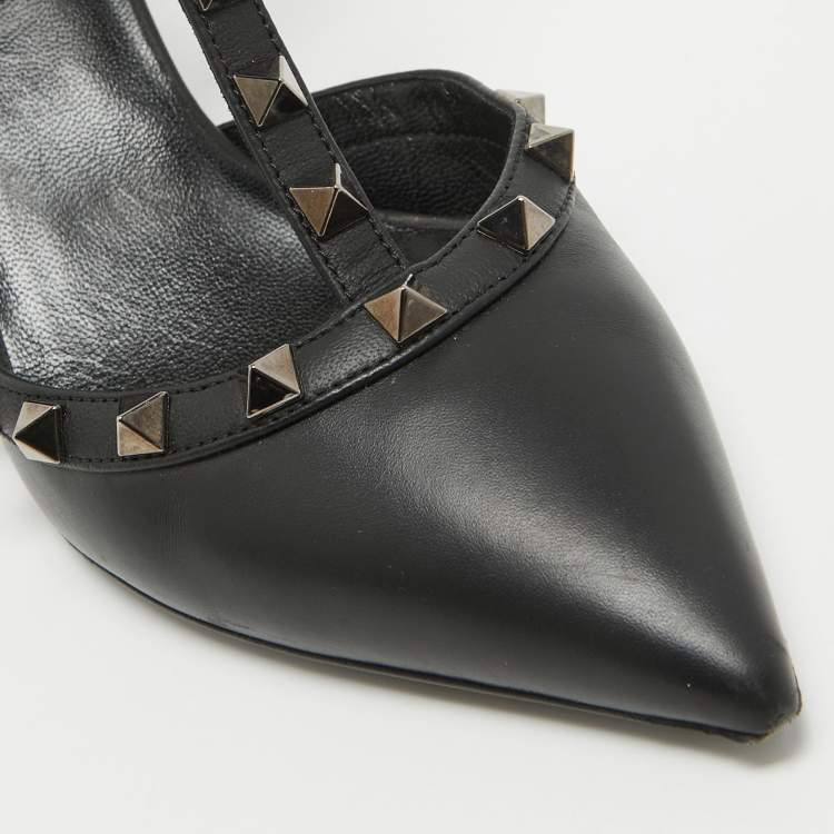 Pre Owned Valentino Black Leather Rockstud Ankle Strap Pumps Size 37.5