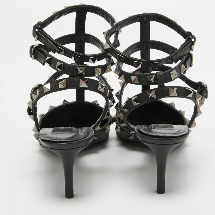 Pre Owned Valentino Black Leather Rockstud Ankle Strap Pumps Size 37.5